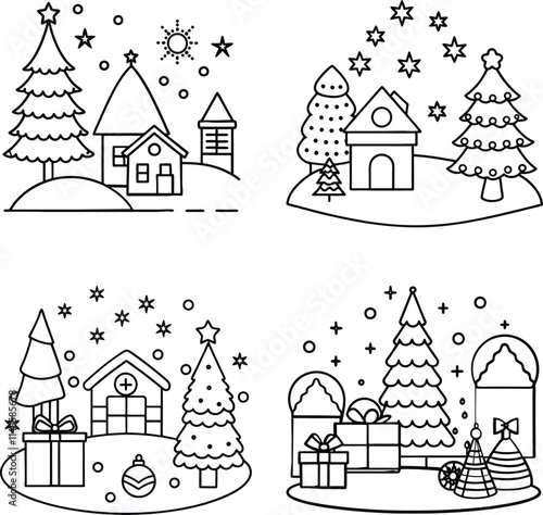 Bundle christmas tree line art and illustrator