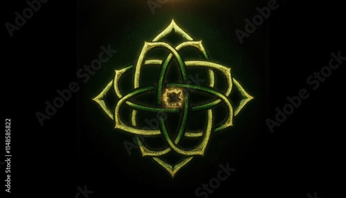 The image shows a glowing, intricate Celtic knot design with green and gold colors, symbolizing St. Patrick’s Day. The central part features a small clover, adding to the festive theme photo