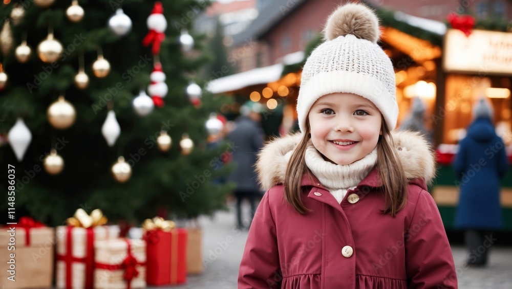 Little girl in winter coat by christmas tree Little girl in winter coat by christmas tree
