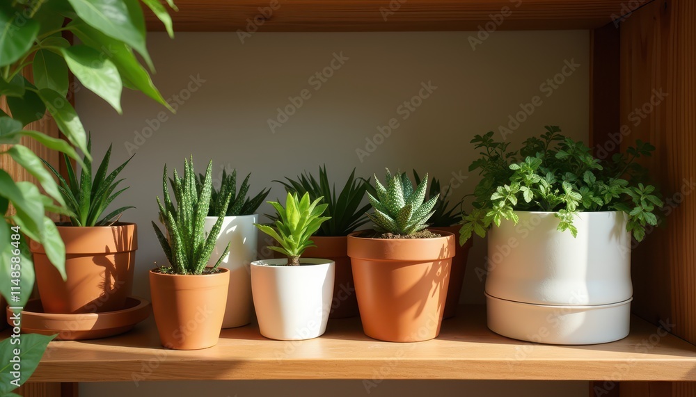 The image shows a collection of small potted plants on a wooden shelf, including succulents and leafy greens, in a well-lit indoor setting. This setup is ideal for indoor gardening enthusiasts The image shows a collection of small potted plants on a wooden shelf, including succulents and leafy greens, in a well-lit indoor setting. This setup is ideal for indoor gardening enthusiasts