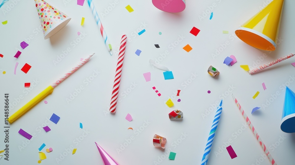 A flat-lay of a party setup including noisemakers, party hats, and scattered confetti, all on a white background. A flat-lay of a party setup including noisemakers, party hats, and scattered confetti, all on a white background.
