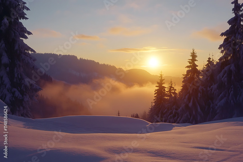 Enchanting winter sunrise over a snowy landscape, with sun rays gently illuminating the fog and snow-covered pine trees, creating a tranquil and picturesque scene.