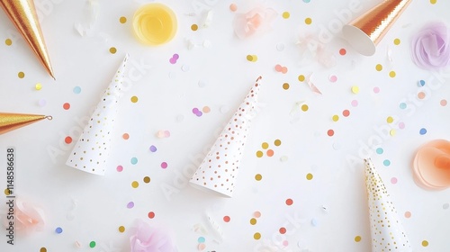 A flat-lay of a party setup including noisemakers, party hats, and scattered confetti, all on a white background. photo