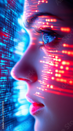 A close-up of a woman's face with futuristic digital effects highlighting her features.