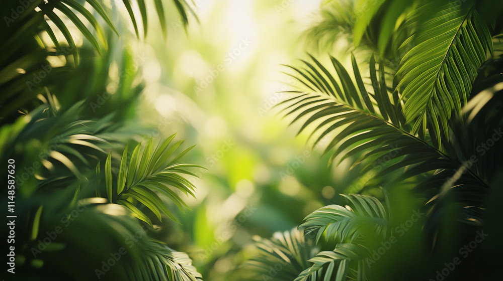 Lush tropical foliage illuminated by soft sunlight in a serene landscape. Lush tropical foliage illuminated by soft sunlight in a serene landscape.