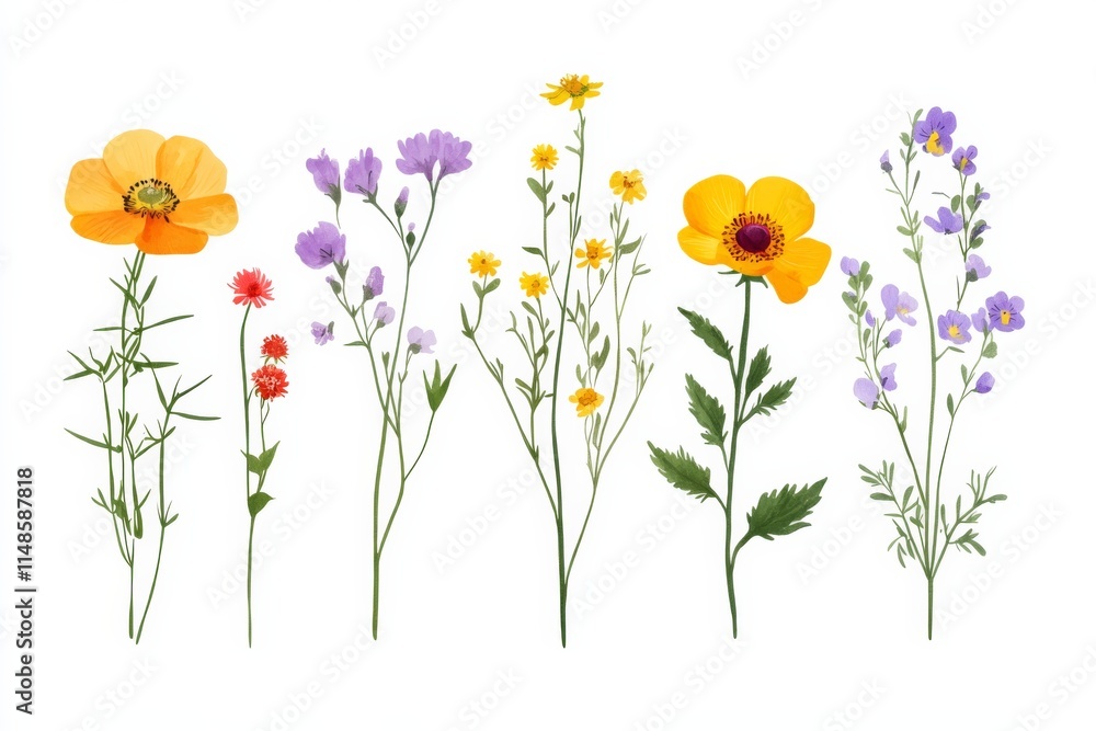A simple, colorful, flat illustration of wildflowers on a white background A simple, colorful, flat illustration of wildflowers on a white background