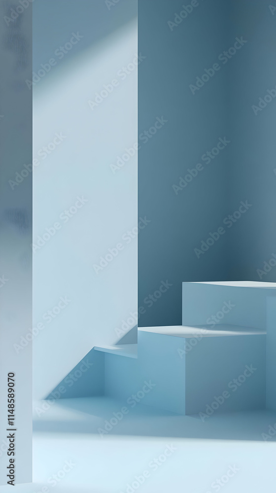 A minimalist blue interior with steps and smooth walls, creating a serene atmosphere. A minimalist blue interior with steps and smooth walls, creating a serene atmosphere.