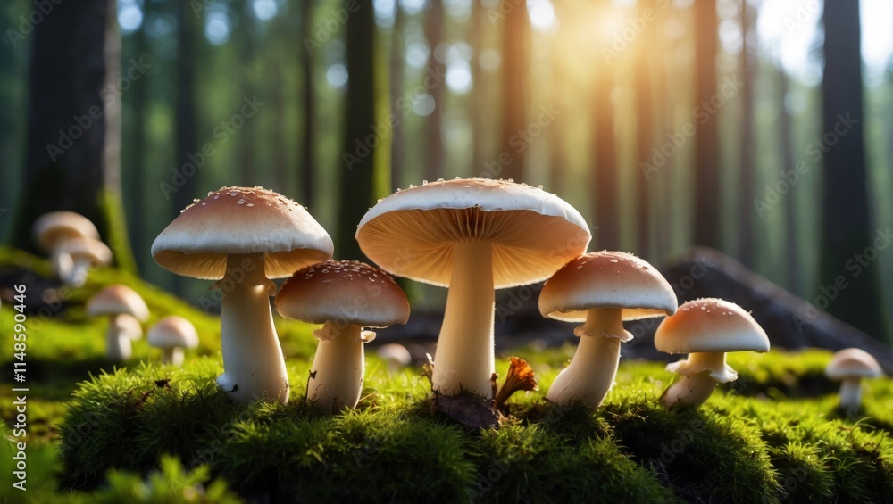 Fototapeta premium Mushrooms growing on mossy forest floor with sunlight