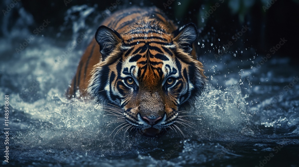 Majestic tiger emerging from water with splashing droplets Majestic tiger emerging from water with splashing droplets