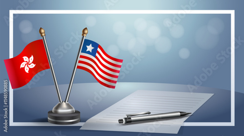 Hong Kong and Liberia National flags on small table with bokeh background, cooperative relationship