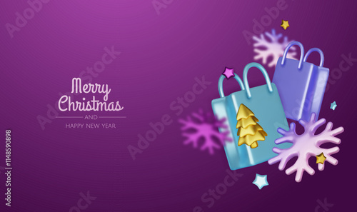 Happy New Year and Merry Christmas. Christmas holiday background with realistic 3d objects, bauble balls, conical metal stars. Levitation falling design composition.