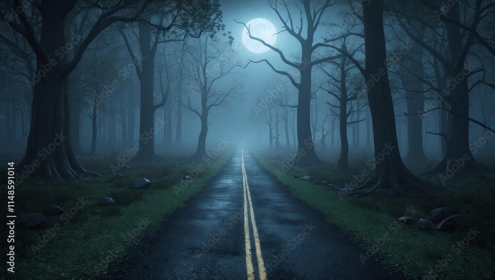 Fototapeta premium Mystical dark forest with fog and footpath