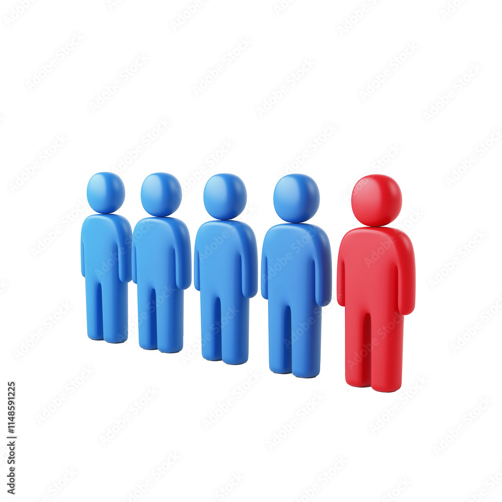 Red figure standing out from blue figures on transparent background Red figure standing out from blue figures on transparent background