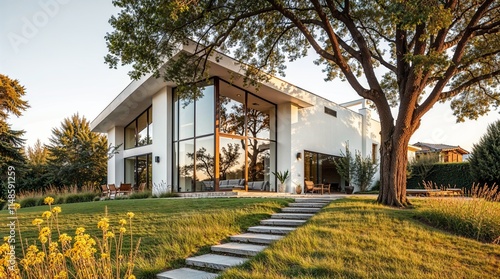 Wallpaper Mural A modern house with a unique angular roof stands out against the vibrant green landscape. White walls and large windows allow natural light to flood the interior.  Torontodigital.ca