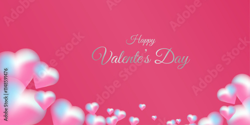 Sweet red Abstract banner with hearts frame, post card for Happy Valentine's Day concept. Horizontal banner with pink sky and paper cut clouds. Place for text. Happy Valentine.