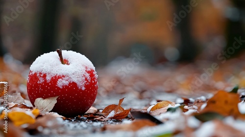 Snow Covered Red Apple on Autumn Leaves Winter Scene photo