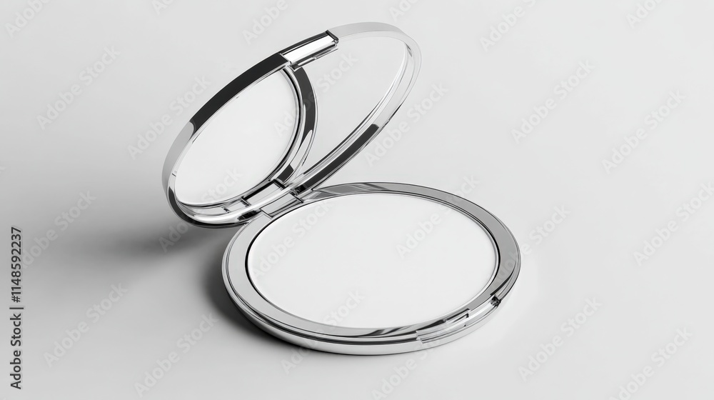 Open compact powder case with mirror, white powder. Open compact powder case with mirror, white powder.