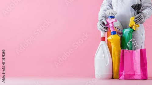 Person in protective suit holding cleaning supplies and shopping bags against pink background. photo