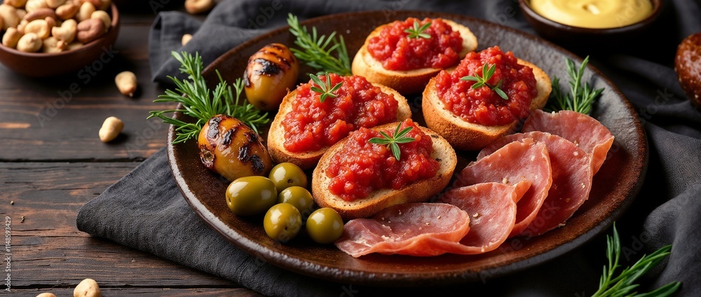 A beautifully arranged assortment of fresh Mediterranean appetizers including cured meats, bread, olives, and dips, perfect for sharing during gatherings or special occasions, served on a rustic dark A beautifully arranged assortment of fresh Mediterranean appetizers including cured meats, bread, olives, and dips, perfect for sharing during gatherings or special occasions, served on a rustic dark