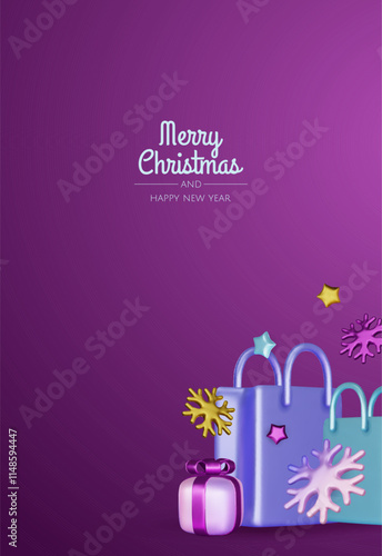 Happy New Year and Merry Christmas. Christmas holiday background with realistic 3d objects, bauble balls, conical metal stars. Levitation falling design composition.