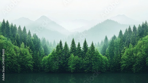 A serene landscape featuring lush green trees and misty mountains mirrored on a calm lake, evoking tranquility and a connection with nature.