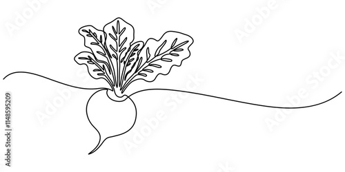 Continuous line drawing whole healthy organic beetroot for plantation logo identity, Vector continuous one single line drawing icon of beetroot with leaf in silhouette on a white background. Linear. 