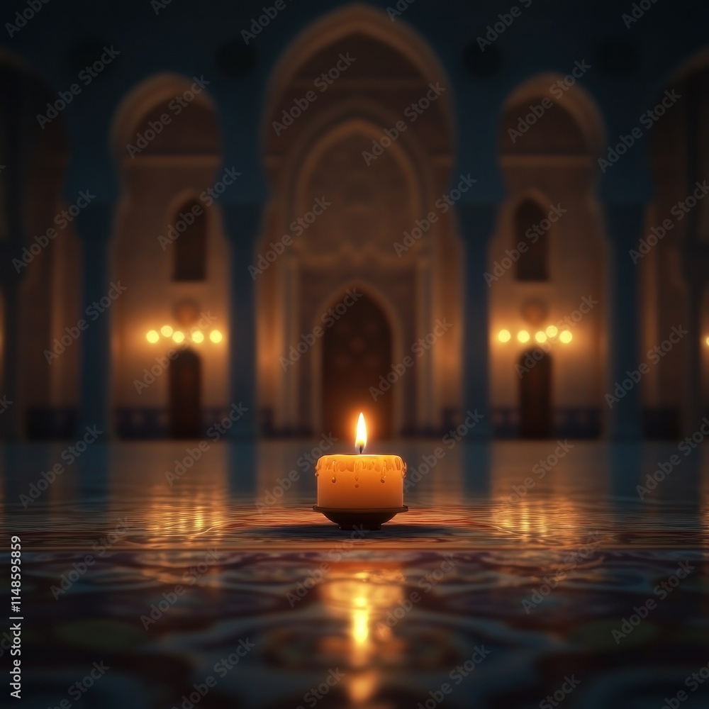 A single candle glows in a grand mosque at night A single candle glows in a grand mosque at night