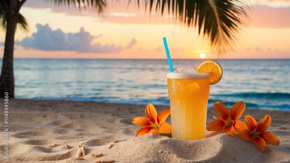 Refreshing tropical drink on beach at sunset
