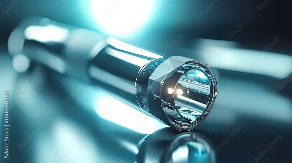 Close-up of a sleek, cylindrical object with a glowing interior, reflecting on a dark surface.