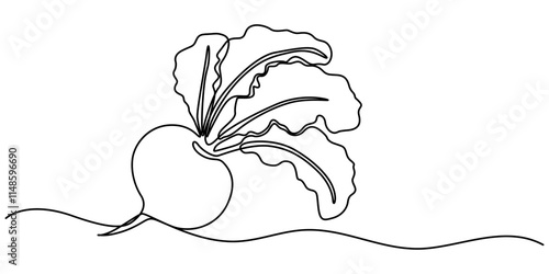 Continuous line drawing whole healthy organic beetroot for plantation logo identity, Vector continuous one single line drawing icon of beetroot with leaf in silhouette on a white background. Linear. 