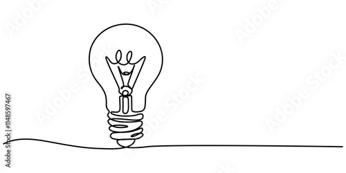 Drawing of an electric light bulb with continuous line, Continuous one line drawing  light bulb concept, Light bulb continuous line vector illustration with editable stroke. Single line art of light. 