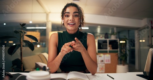 Tableau sur toile Business woman, portrait and night with video call for online conference, webinar or helpful tips at office