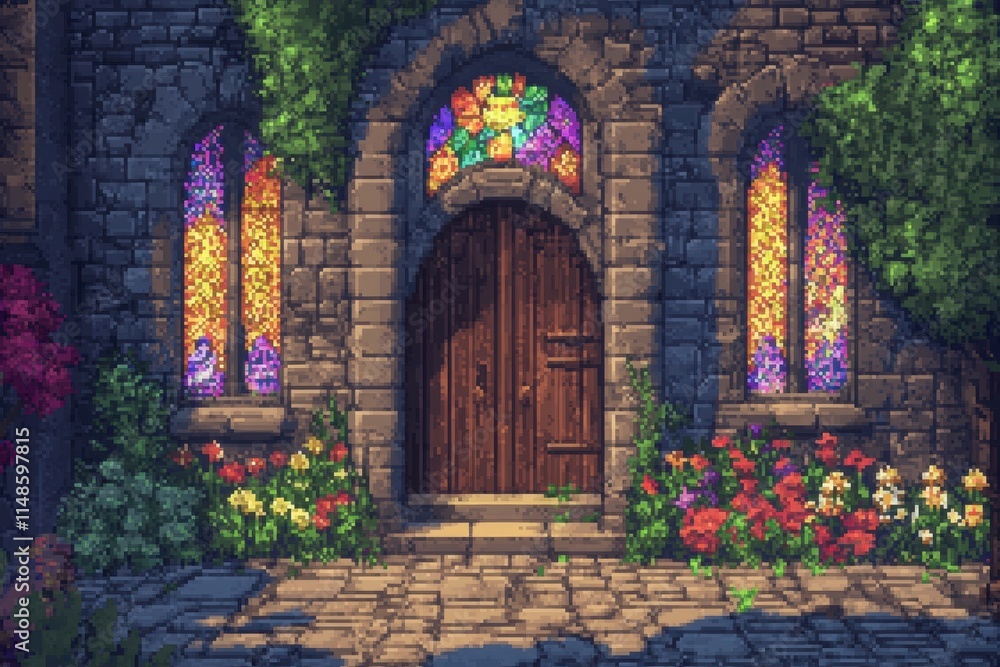 Fototapeta premium Stone Chapel Entrance with Stained Glass and Flowers