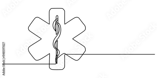 Star of Life medical sign in continuous line art drawing style. Emergency medical services symbol black outline isolated on white background. Vector illustration, Medical symbol blue Star of Life pro.