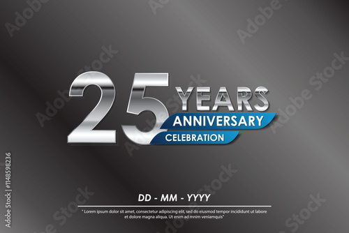 25th years anniversary celebration emblem. elegance silver anniversary logo isolated with blue ribbon. vector illustration template design for web, flyers, poster, greeting card and invitation card