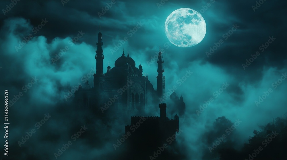A mystical silhouette of a grand building under a full moon, surrounded by fog. A mystical silhouette of a grand building under a full moon, surrounded by fog.
