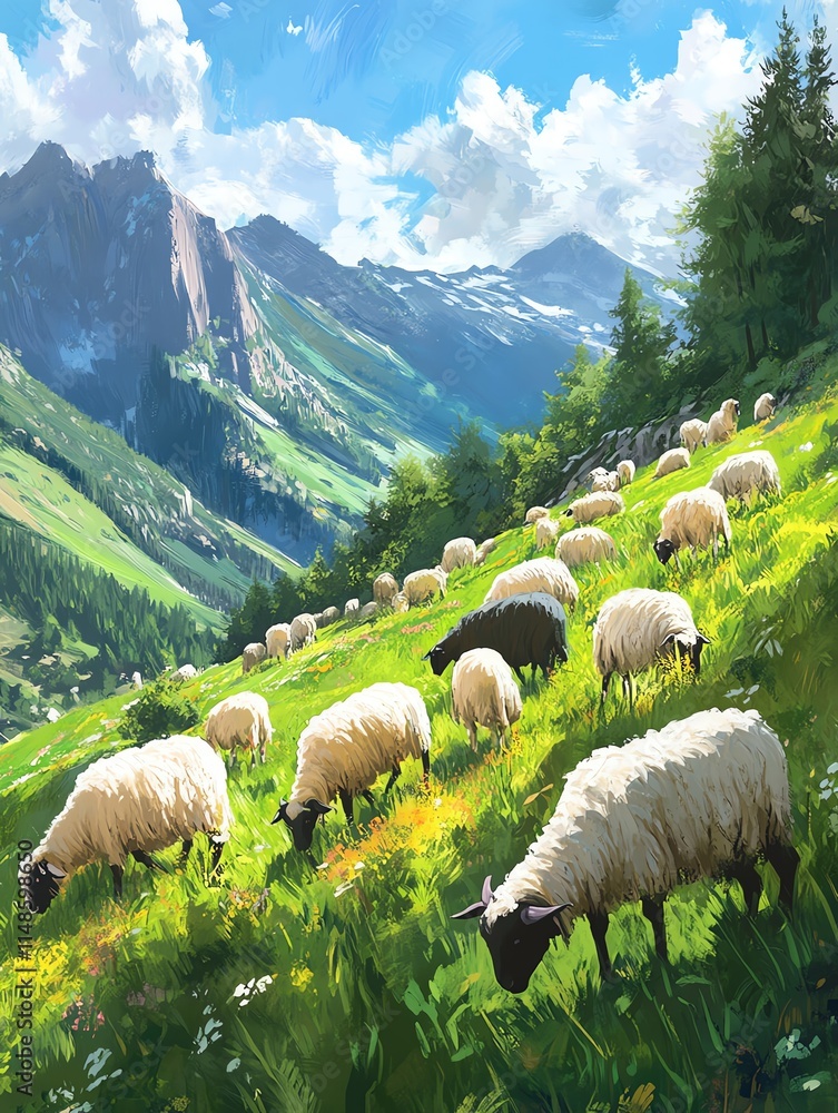 Fototapeta premium A serene landscape featuring sheep grazing peacefully on lush green hills with majestic mountains in the background.
