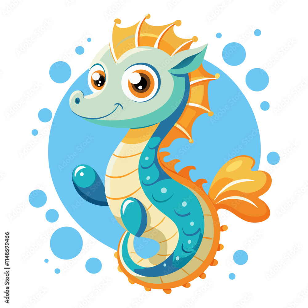 Fototapeta premium Cartoon seahorse character, vibrant orange