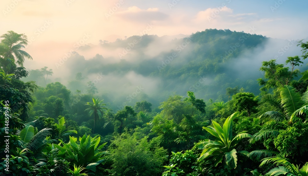 Fototapeta premium Lush Tropical Forest with Misty Morning Fog