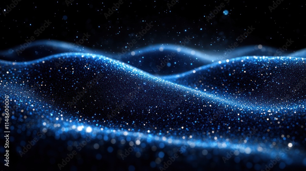 Fototapeta premium Abstract blue glitter wave particles background.