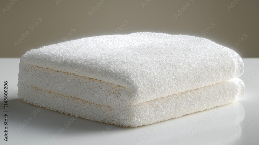 Fluffy white towel neatly folded on pristine white background. Perfect for hotel spa promotions. Luxury product with clean, inviting aesthetic. Ideal for wellness, relaxation themes. High-quality Fluffy white towel neatly folded on pristine white background. Perfect for hotel spa promotions. Luxury product with clean, inviting aesthetic. Ideal for wellness, relaxation themes. High-quality