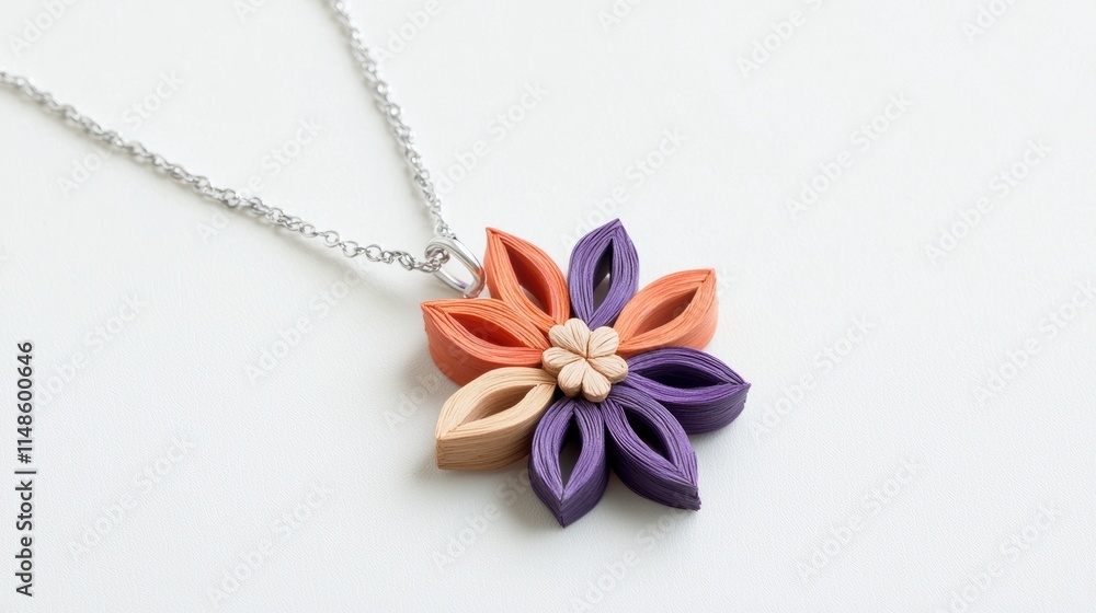 Colorful handmade flower pendant display jewelry light background art Colorful handmade flower pendant display jewelry light background art