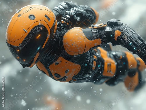 Futuristic cyborg in flight through snowy landscape. Advanced exoskeleton design in orange, black. Cyborg appears agile, powerful. Possible scene in future space tech. Icy particles float around photo