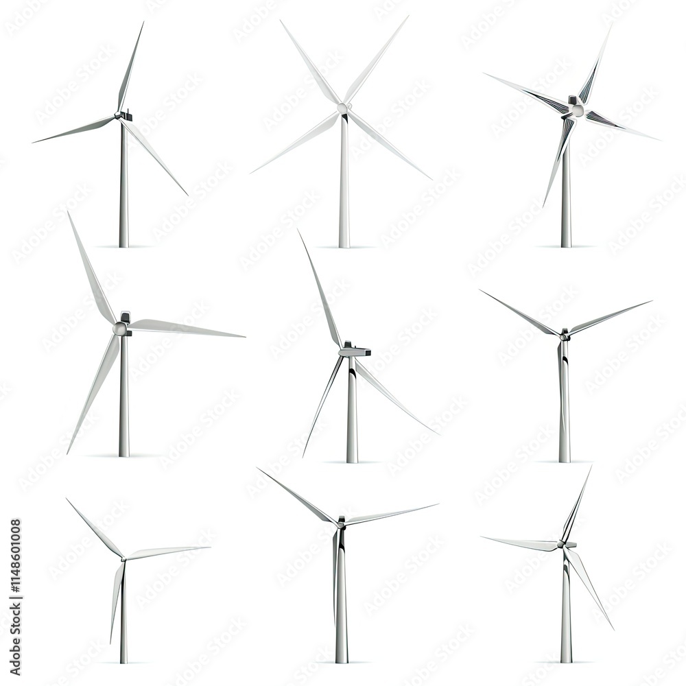 A grid of wind turbines representing renewable energy sources. isolated on white background A grid of wind turbines representing renewable energy sources. isolated on white background