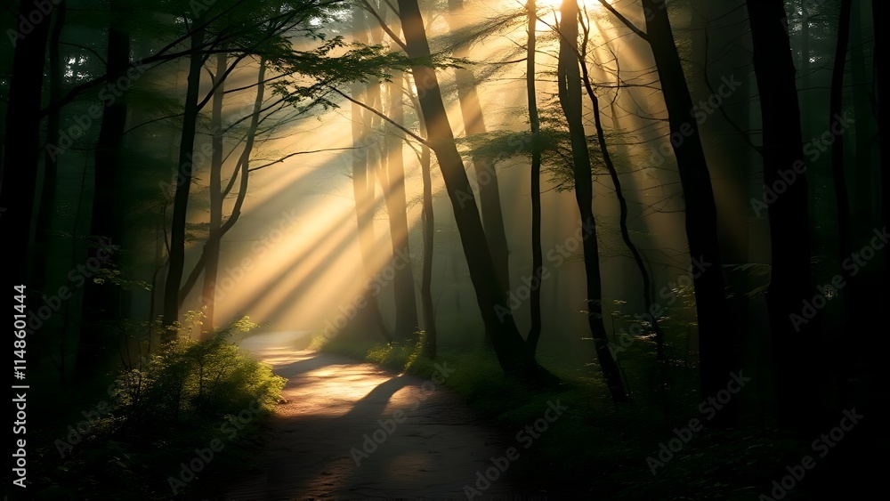 Naklejka premium Serene Forest Path with Golden Sunlight and Lush Greenery