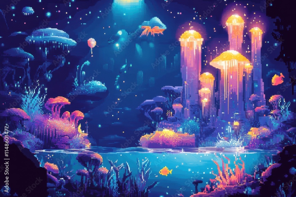 Vibrant Underwater Pixel Art Scene With Glowing Jellyfish Vibrant Underwater Pixel Art Scene With Glowing Jellyfish