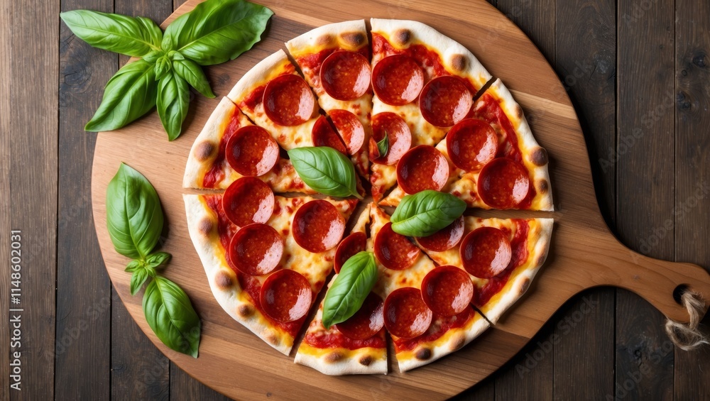 Sliced pepperoni pizza with basil on wooden board Sliced pepperoni pizza with basil on wooden board