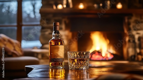 Whiskey bottle and glass near fireplace in cozy cabin.