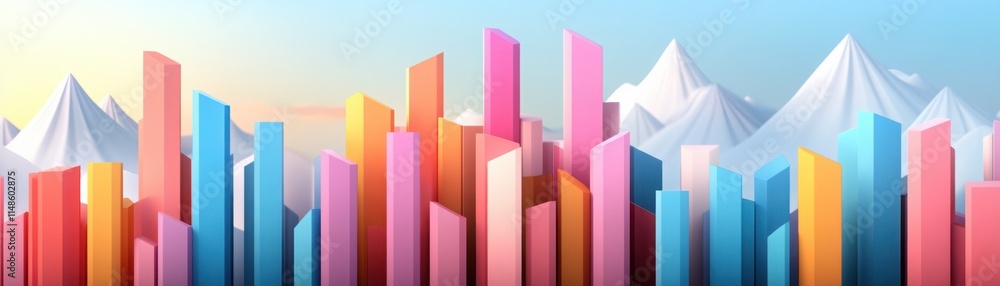 Vibrant Abstract Cityscape Illustration with Colorful Skyscrapers in Front of Majestic Snow-Capped Mountains Under a Bright Blue Sky Vibrant Abstract Cityscape Illustration with Colorful Skyscrapers in Front of Majestic Snow-Capped Mountains Under a Bright Blue Sky