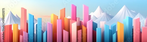 Vibrant Abstract Cityscape Illustration with Colorful Skyscrapers in Front of Majestic Snow-Capped Mountains Under a Bright Blue Sky